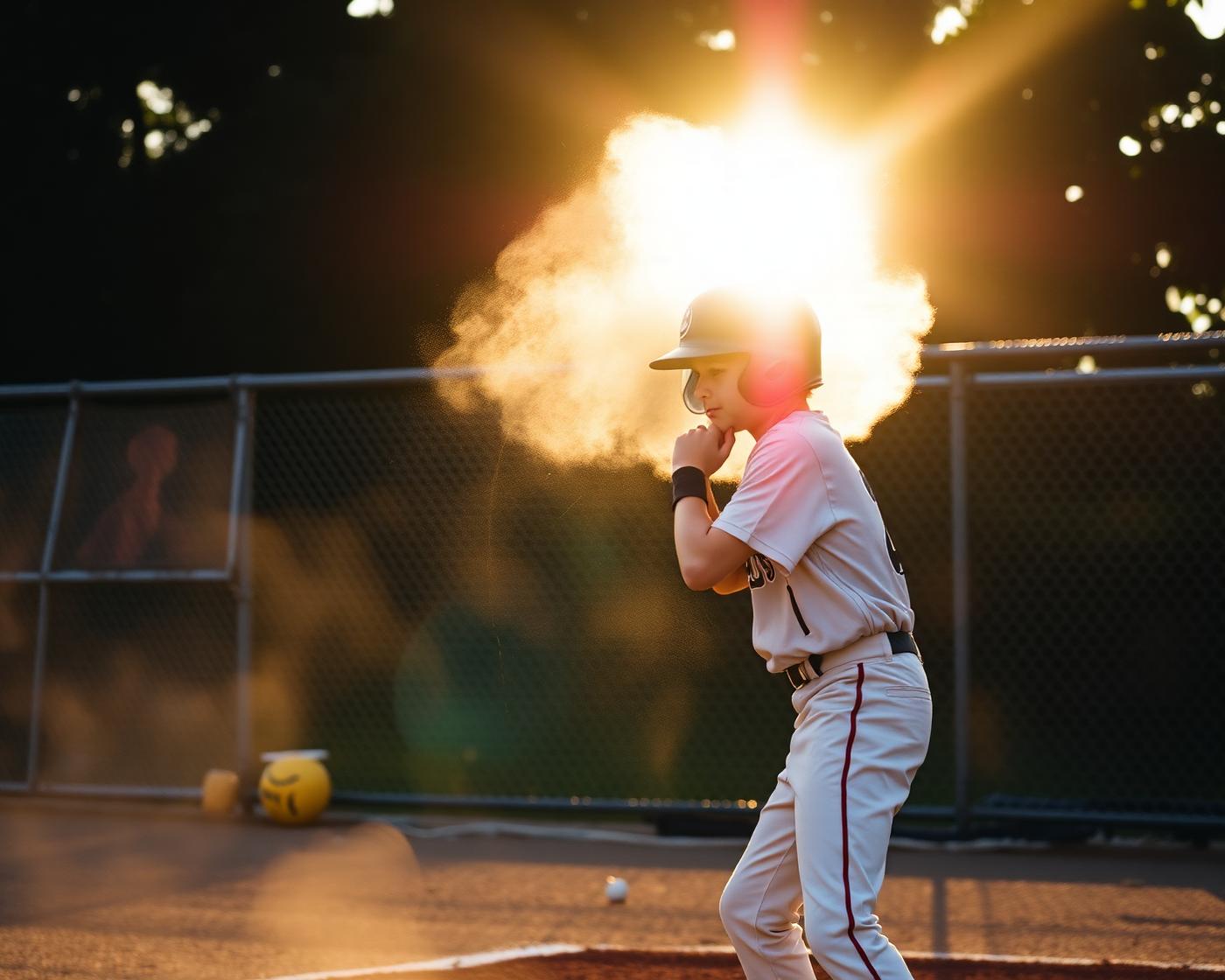 Young hitter at the plate on a dirt infield in late-afternoon light